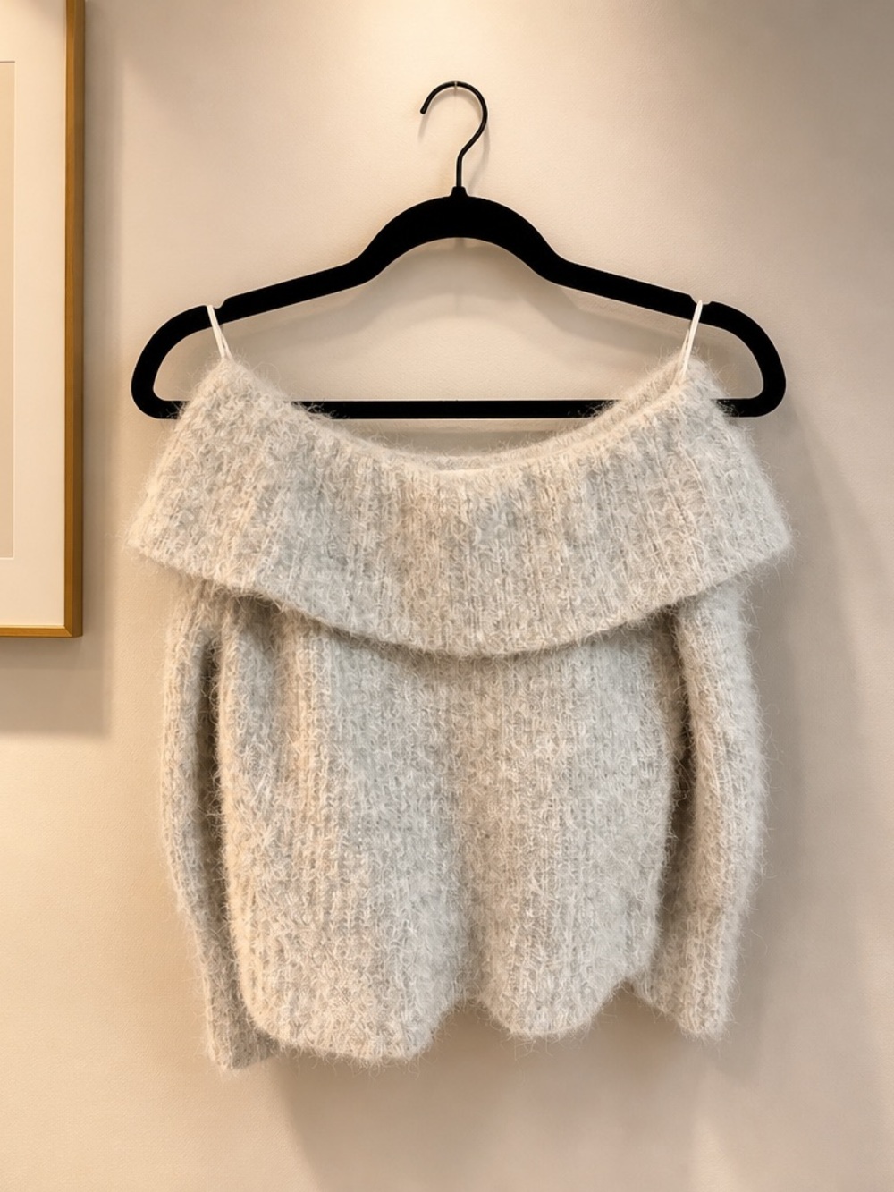 Eleven Six Cozy Off-the-Shoulder Fuzzy Sweater in Light Cream